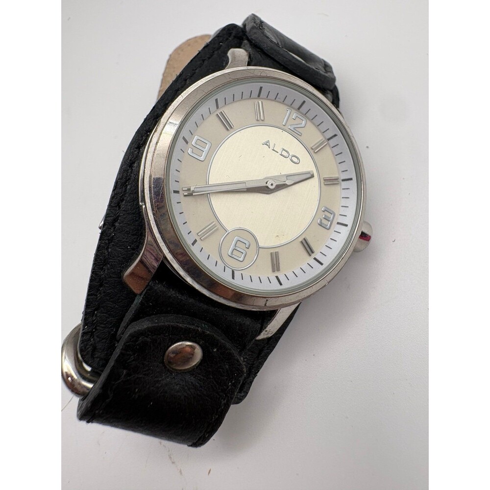 ALDO Cuff Watch Silver-Tone Dial Black Leather Bund Strap S-602